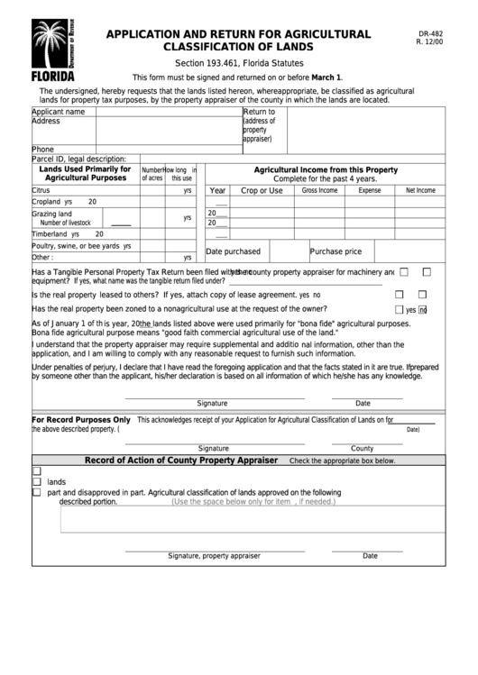 Fillable Form Dr-482 - Application And Return For Agricultural Classification Of Lands Printable pdf