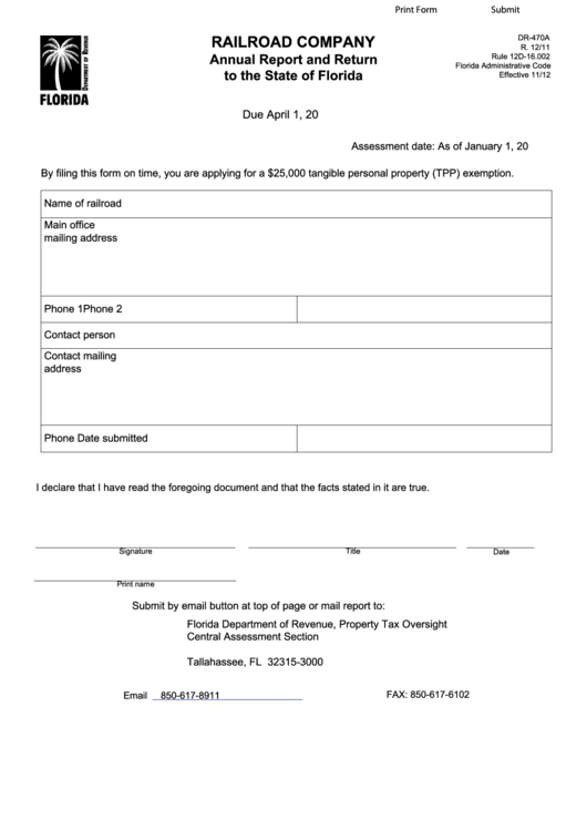 Fillable Form Dr-470a - Railroad Company Annual Report And Return To The State Of Florida Printable pdf