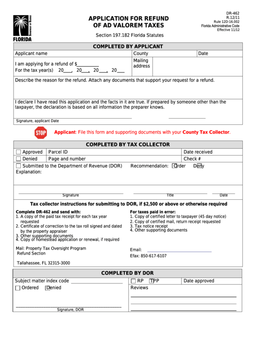 Form Dr-462 - Application For Refund Of Ad Valorem Taxes Printable pdf