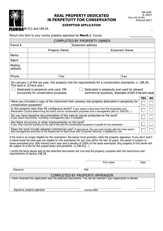Form Dr-418c - Real Property Dedicated In Perpetuity For Conservation Exemption Application Printable pdf