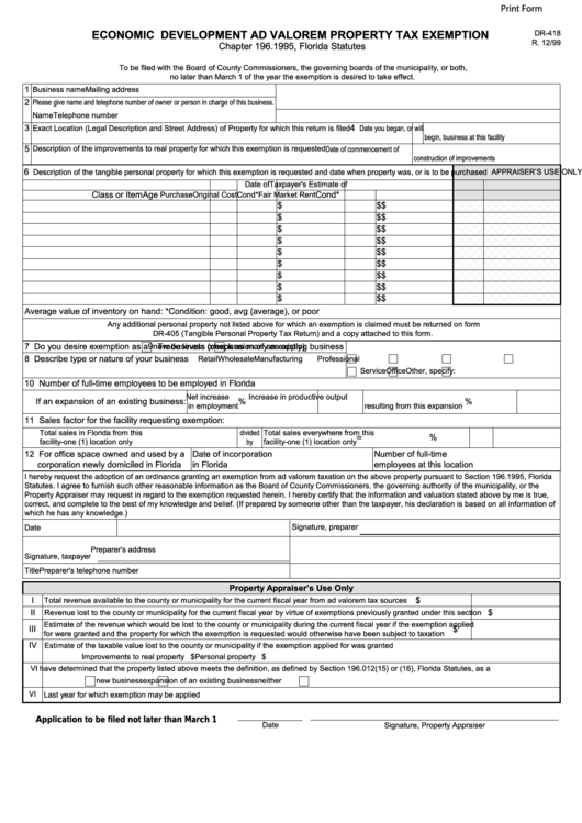 Fillable Form Dr-418 - Economic Development Ad Valorem Property Tax Exemption Printable pdf