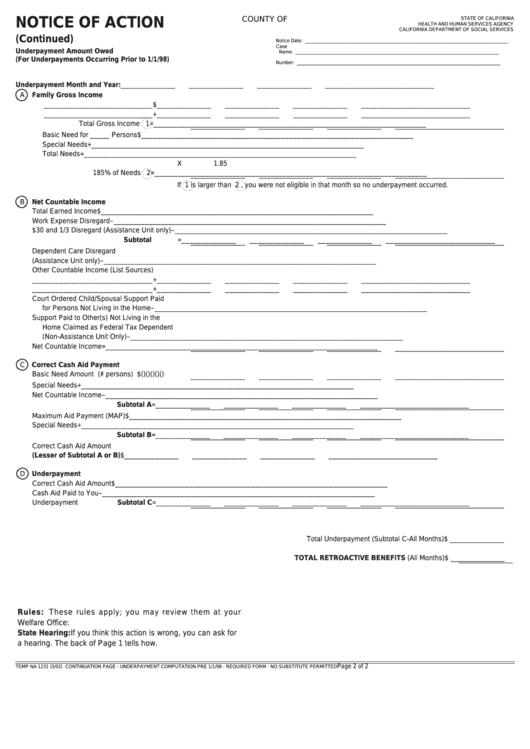 Fillable Form Temp Na 1231 - Notice Of Action Printable pdf