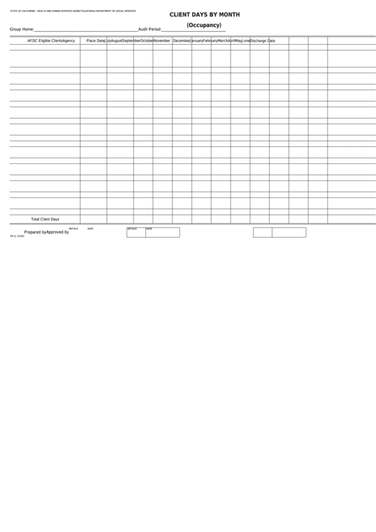 Fillable Form Sr 2j - Client Days By Month (Occupancy) Printable pdf