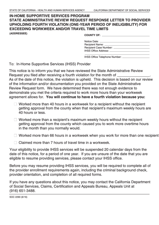 Fillable Form Soc 2290 - In-Home Supportive Services Program State Administrative Review Request Response Letter To Provider Upholding Fourth Violation Printable pdf