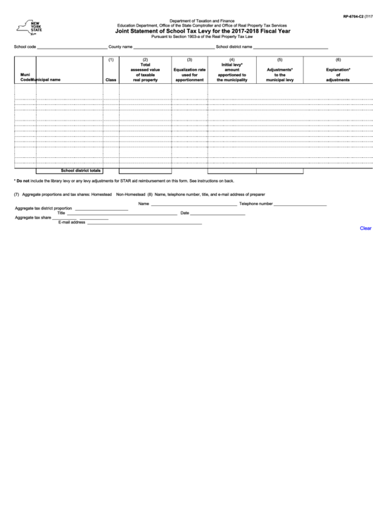 Fillable Form Rp-6704-C2 - Joint Statement Of School Tax Levy For The 2017-2018 Fiscal Year Printable pdf