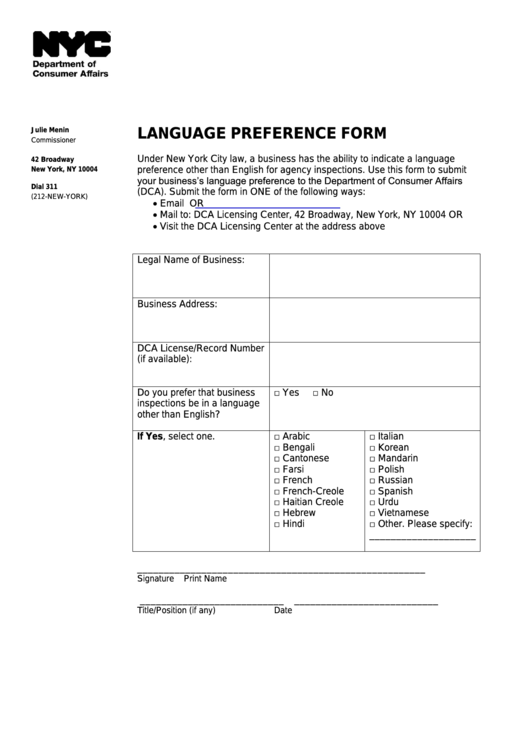 Fillable Language Preference Form - Nyc Department Of Consumer Affairs Printable pdf