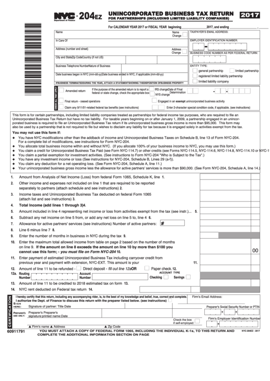 Form Nyc-204ez - Unincorporated Business Tax Return For Partnerships (Including Limited Liability Companies) - 2017 Printable pdf