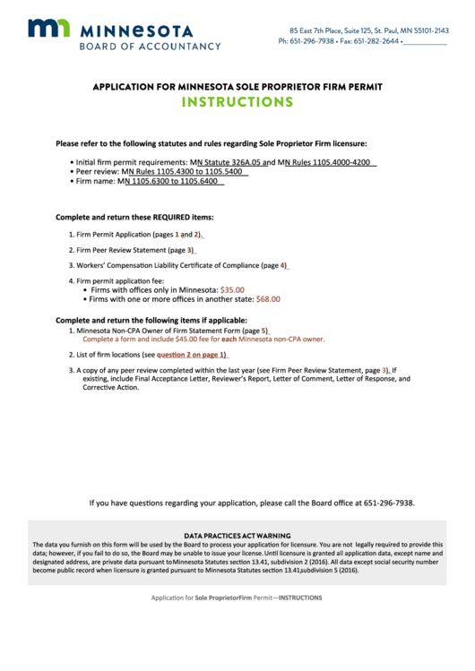 Fillable Application For Minnesota Sole Proprietor Firm Permit - Minnesota Board Of Accountancy Printable pdf
