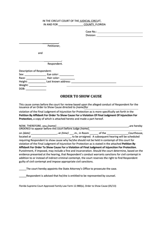 Fillable Order To Show Cause - Florida Circuit Court Printable pdf