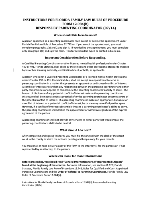 Fillable Response By Parenting Coordinator - Florida Circuit Court Printable pdf