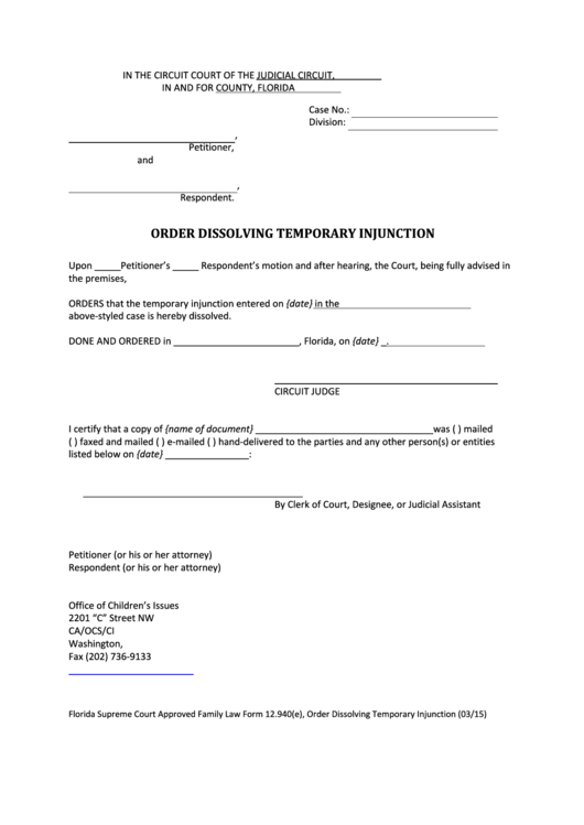 Fillable Order Dissolving Temporary Injunction - Florida Circuit Court Printable pdf