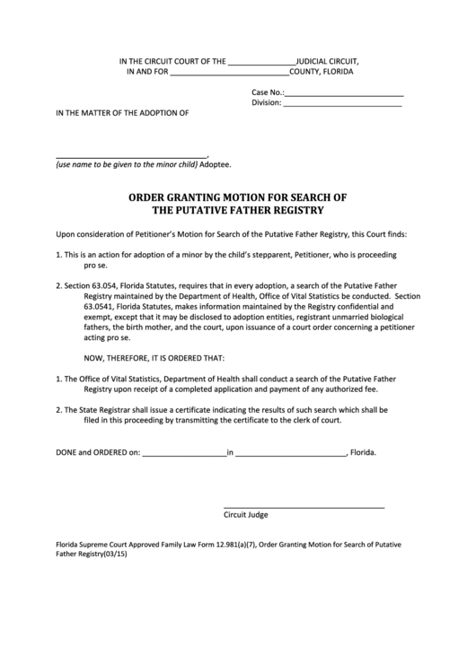 Fillable Order Granting Motion For Search Of The Putative Father Registry - Florida Circuit Court Printable pdf