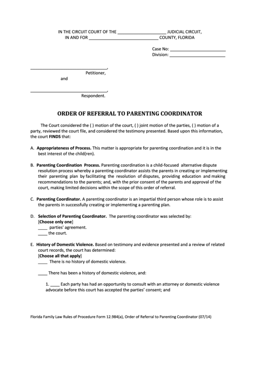 Fillable Order Of Referral To Parenting Coordinator - Florida Circuit Court Printable pdf