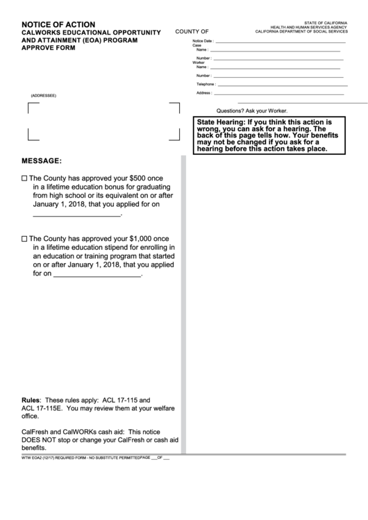 Fillable Form Wtw Eoa2 - Notice Of Action Printable pdf