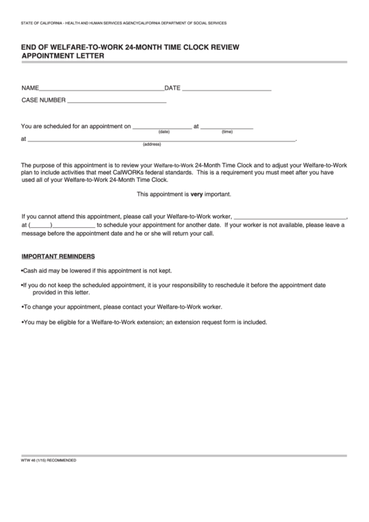 Fillable Form Wtw 46 - End Of Welfare-To-Work 24-Month Time Clock Review Appointment Letter Printable pdf