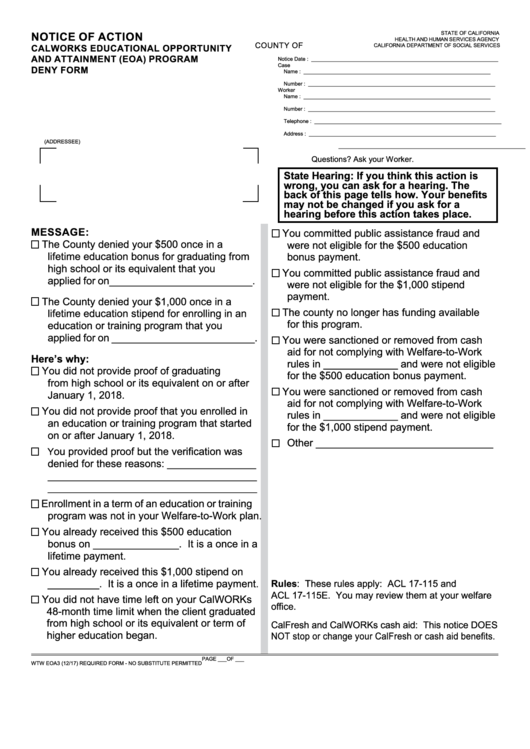 Fillable Form Wtw Eoa3 - Notice Of Action Printable pdf
