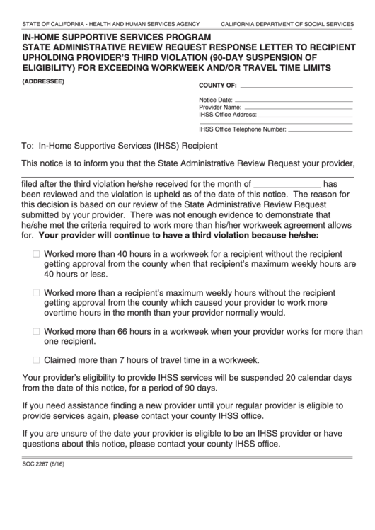 Fillable Form Soc 2287 - In-Home Supportive Services Program State Administrative Review Request Response Letter To Recipient Upholding Provider