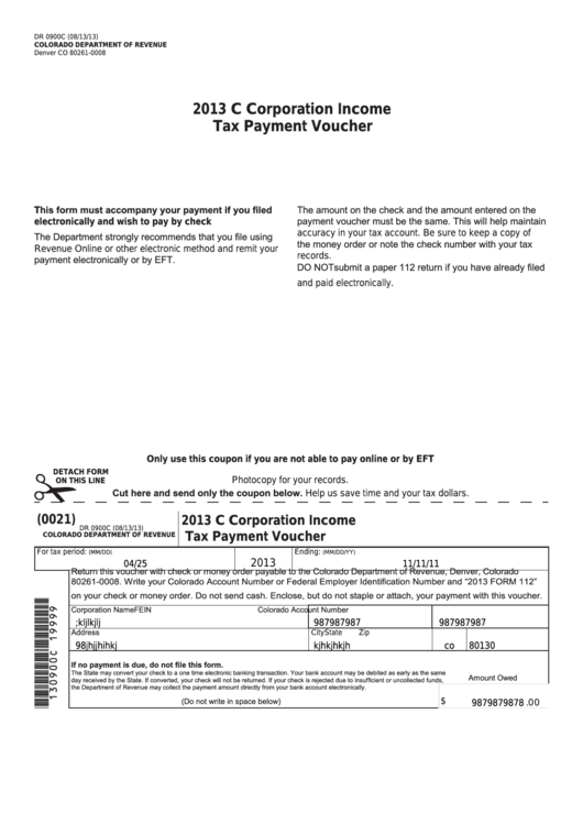 Fillable Form Dr 0900c - C Corporation Income Tax Payment Voucher - 2013 Printable pdf
