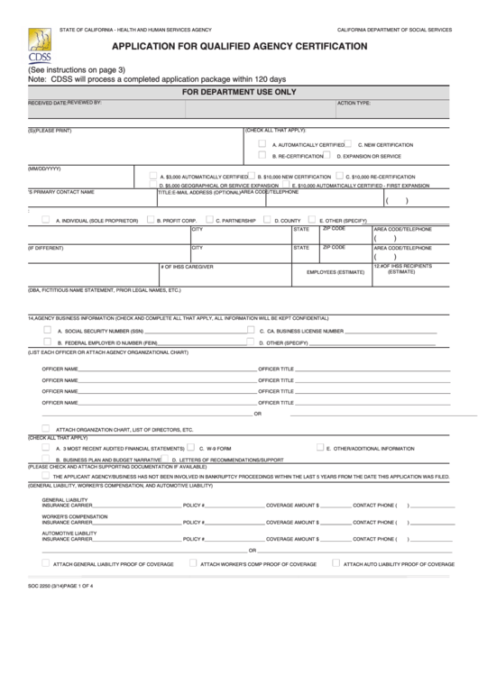 Fillable Form Soc 2250 - Application For Qualified Agency Certification Printable pdf