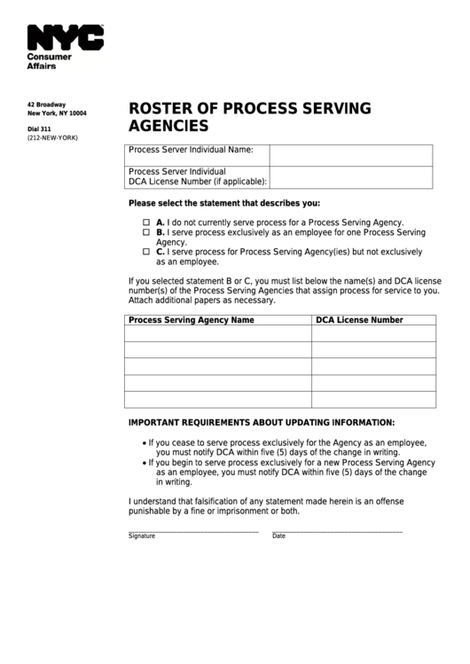 Roster Of Process Serving Agencies - Nyc Consumer Affairs