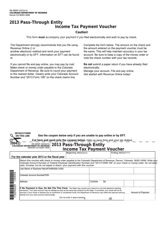 Fillable Form Dr 0900p - Pass-Through Entity Income Tax Payment Voucher - 2013 Printable pdf
