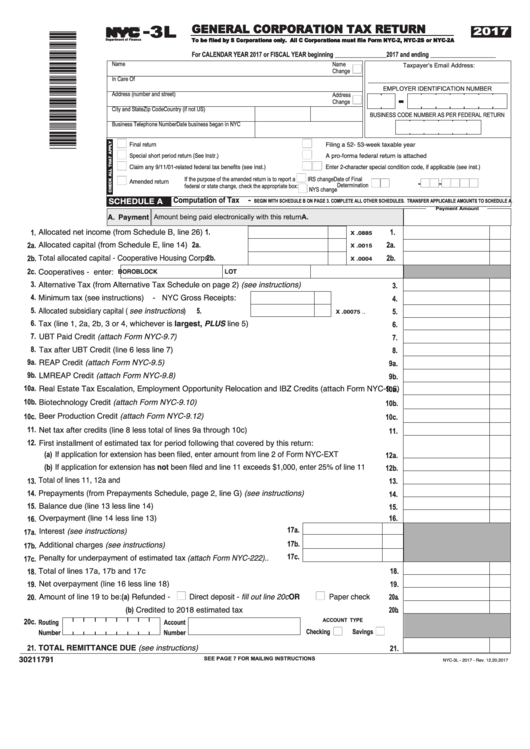 Form Nyc-3l -General Corporation Tax Return - 2017 Printable pdf