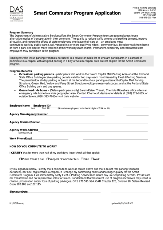 Fillable Smart Commuter Program Application - Oregon Department Of Administrative Services Printable pdf