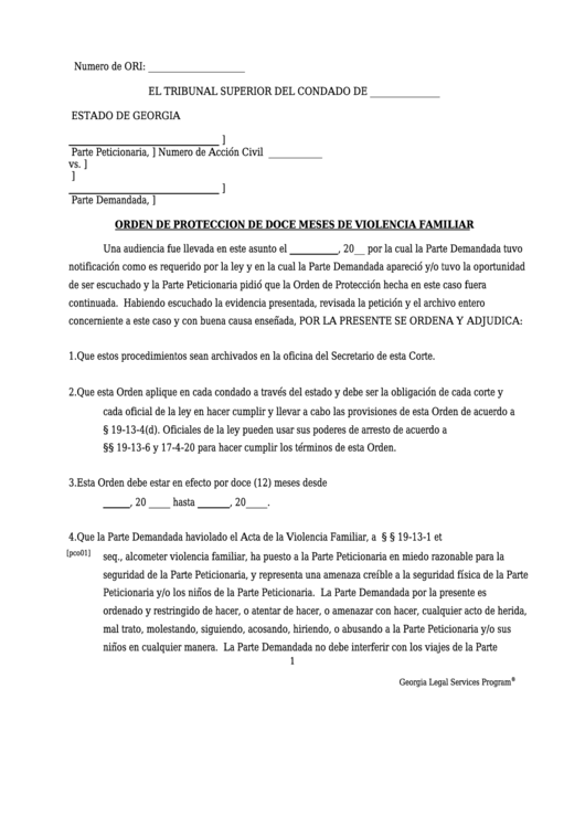 Orden De Proteccion De Doce Meses De Violencia Familiar - Georgia Superior Court Printable pdf