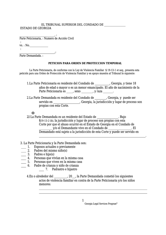 Peticion Para Orden De Proteccion Temporal - Georgia Superior Court Printable pdf