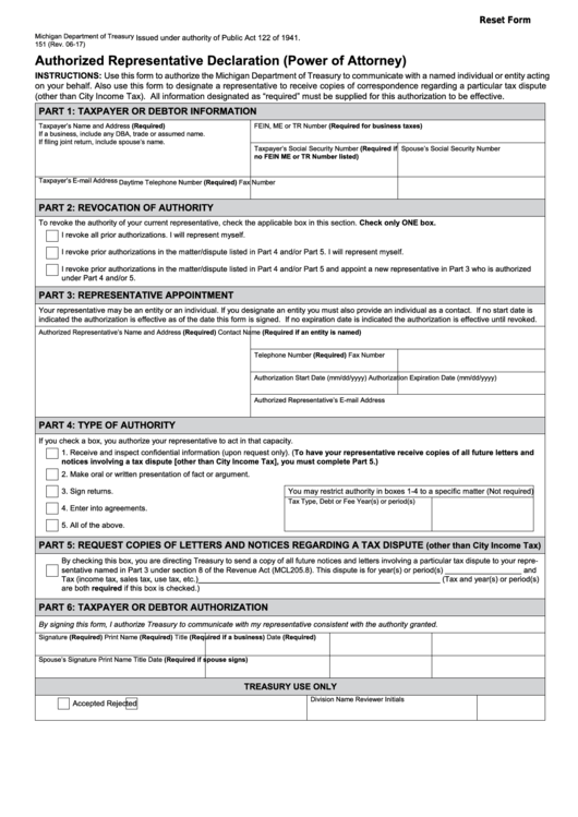 Fillable Form 151 - Authorized Representative Declaration (Power Of Attorney) Printable pdf