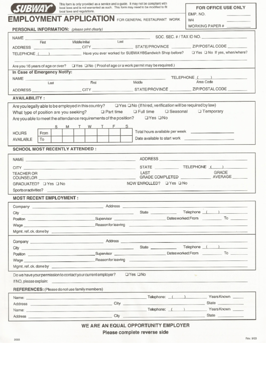 Subway Employment Application Form Printable pdf