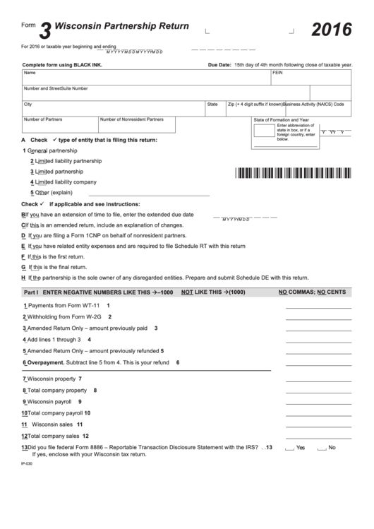 Form 3 - Wisconsin Partnership Return - 2016 Printable pdf