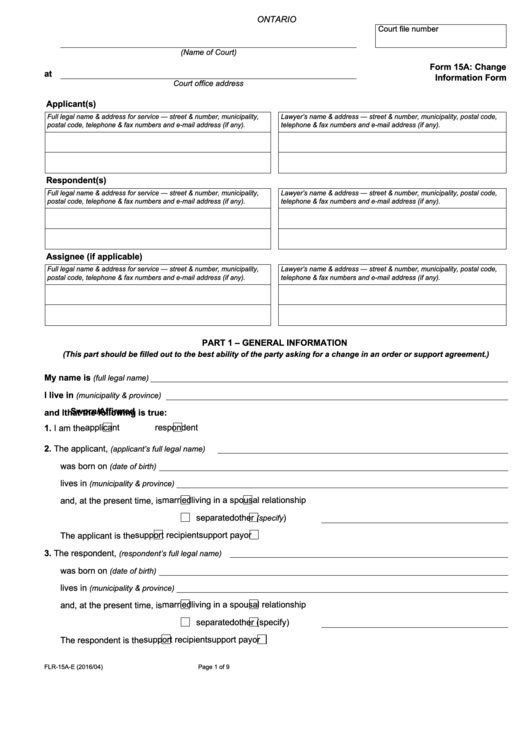 Fillable Form 15a - Change Information Form Printable pdf