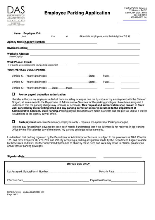 Fillable Employee Parking Application - Oregon Department Of Administrative Services Printable pdf