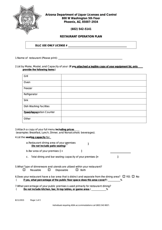 Fillable Restaurant Operation Plan - Arizona Department Of Liquor Licenses And Control Printable pdf
