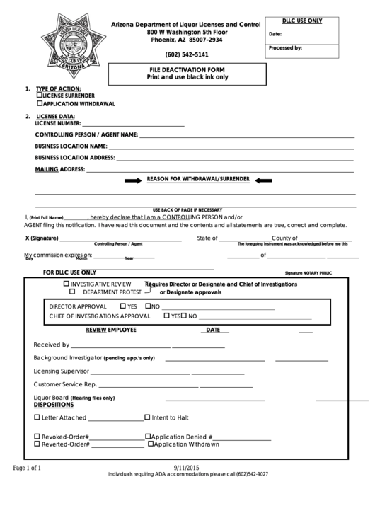 Fillable File Deactivation Form - Arizona Department Of Liquor Licenses And Control Printable pdf