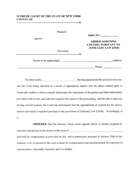 Order Assigning Counsel Pursuant To Judiciary Law - New York State Supreme Court Printable pdf