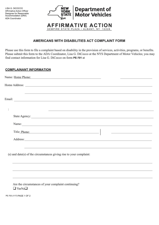 Fillable Form Pe-703 - Americans With Disabilities Act Complaint Form Printable pdf