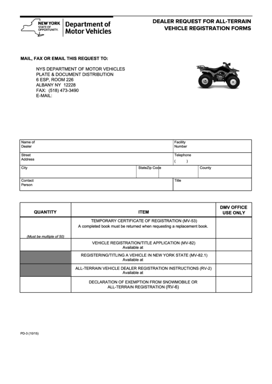 Form Pd-3 - Dealer Request For All-Terrainvehicle Registration Forms Printable pdf