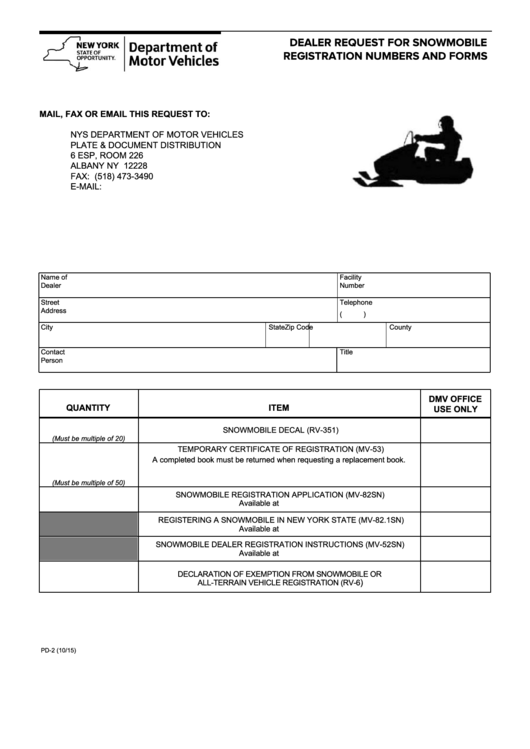 Form Pd-2 - Dealer Request For Snowmobileregistration Numbers And Forms Printable pdf