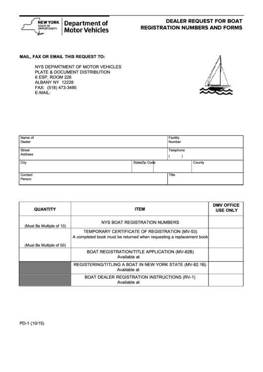 Form Pd-1 - Dealer Request For Boatregistration Numbers And Forms Printable pdf