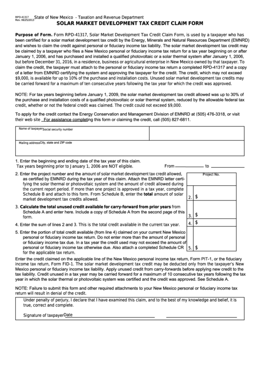 Form Rpd-41317 - Solar Market Development Tax Credit Claim Form Printable pdf