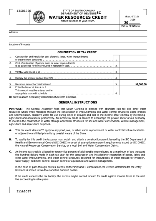 Form Sc Sch.tc-3 - Water Resources Credit Printable pdf