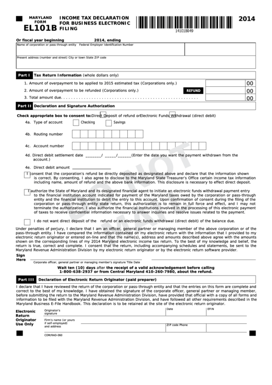 Fillable Form El101b - Income Tax Declaration For Business Electronic Filing - 2014 Printable pdf