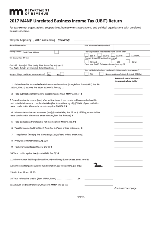 Fillable Form M4np - Unrelated Business Income Tax (Ubit) Return - 2017 Printable pdf
