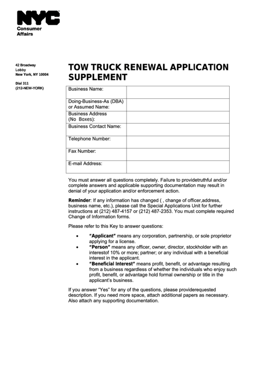 Fillable Tow Truck Renewal Application Supplement - Nyc Department Of Consumer Affairs Printable pdf