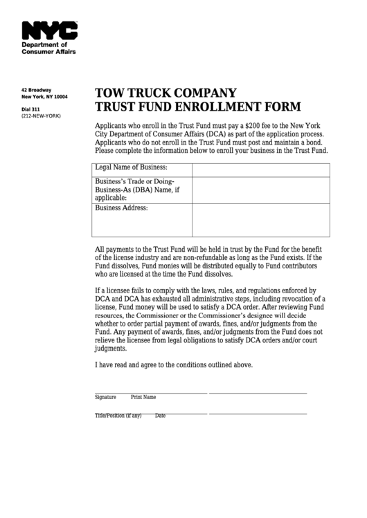 Fillable Tow Truck Company Trust Fund Enrollment Form - Nyc Department Of Consumer Affairs Printable pdf