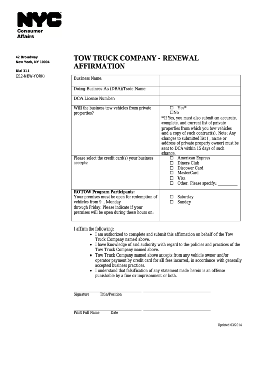 Fillable Tow Truck Company - Renewal Affirmation - Nyc Department Of Consumer Affairs Printable pdf