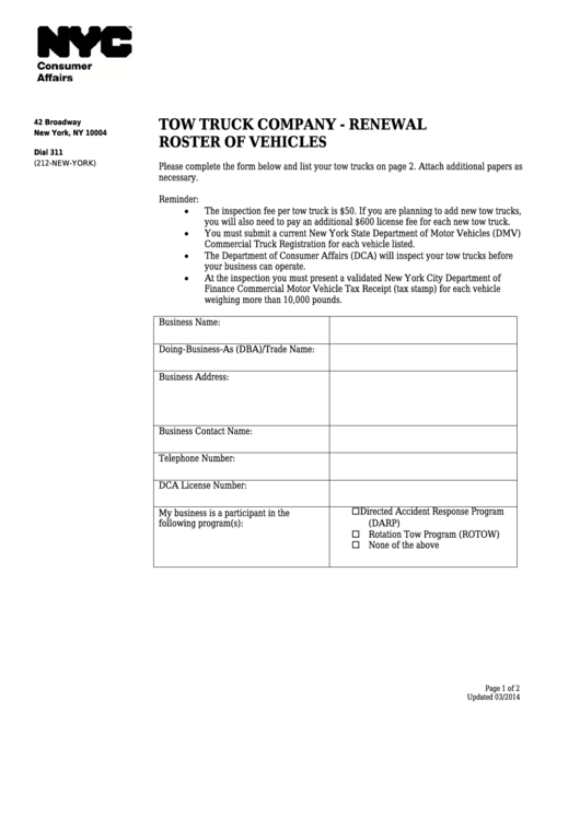 Fillable Tow Truck Company - Renewal Roster Of Vehicles - Nyc Department Of Consumer Affairs Printable pdf