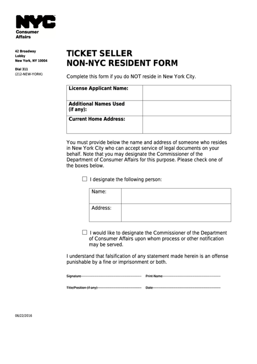 Fillable Ticket Seller Non-Nyc Resident Form - Nyc Department Of Consumer Affairs Printable pdf